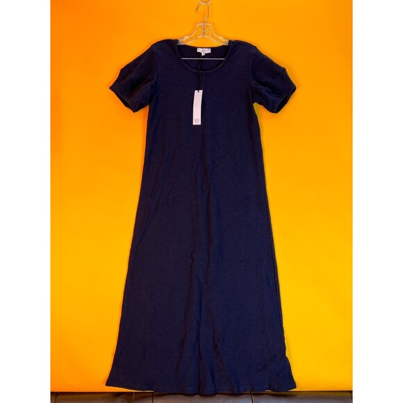 NSR Puff Sleeve Midi Dress Navy Blue Womens S Short Sleeve Cotton Blend NWT - Picture 3 of 7